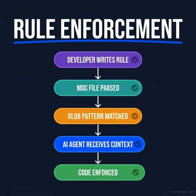 Cursor Rules enforcement pipeline showing 5 stages from Developer Writes Rule to Code Enforced