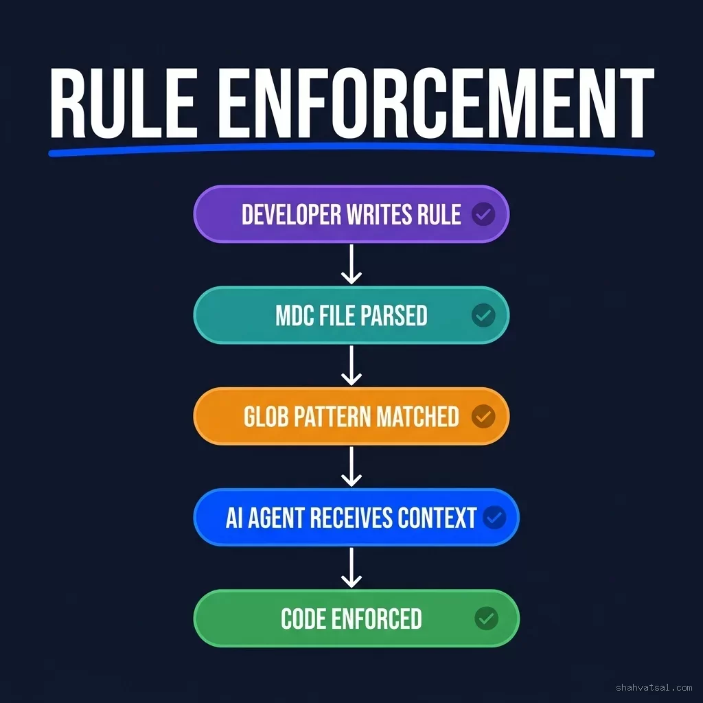Cursor Rules enforcement pipeline showing 5 stages from Developer Writes Rule to Code Enforced