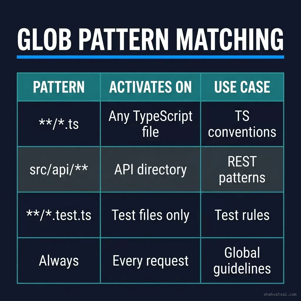 Glob pattern matching table showing PATTERN, ACTIVATES ON, and USE CASE columns for .cursor/rules/<em width=