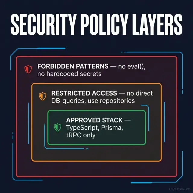 Cursor Rules security policy enforcement showing three concentric layers: Forbidden Patterns, Restricted Access, and Approved Stack