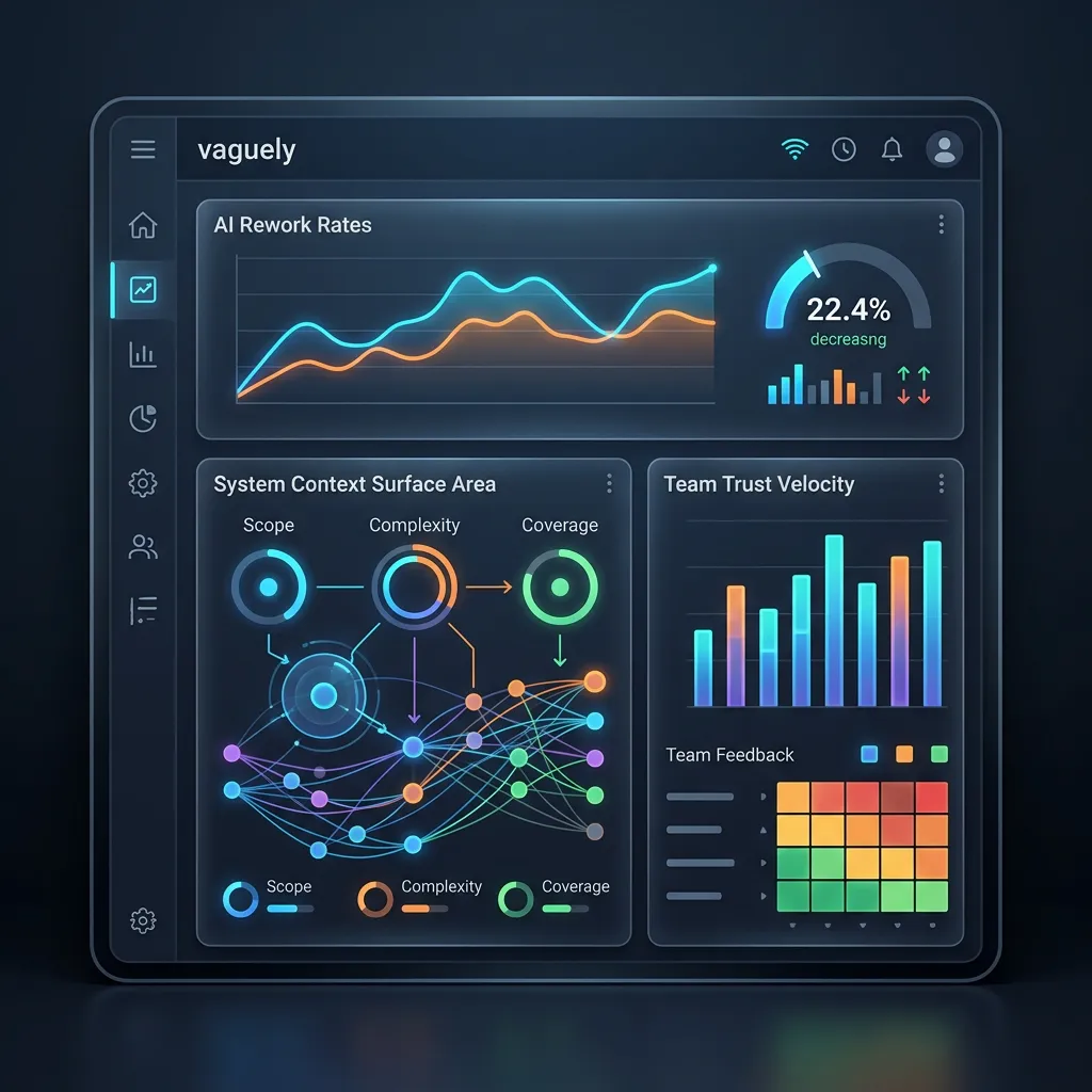 Engineering Leadership vs. Management --" 2D Industrial UI mock of a leadership impact tracker showing AI Rework Rates and Trust Velocity