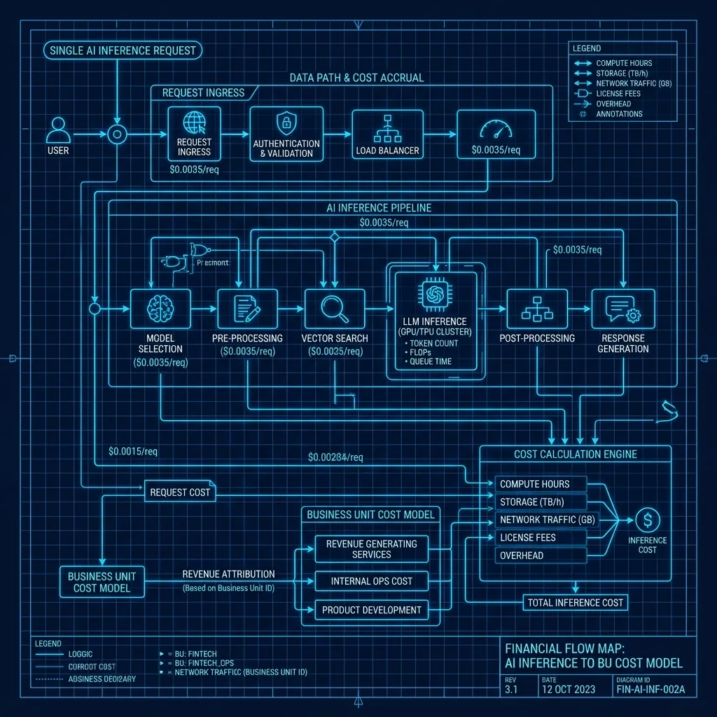 FinOps Transformation 2026 --" 2D Technical Blueprint mapping the flow from Inference Request to Business Unit Cost