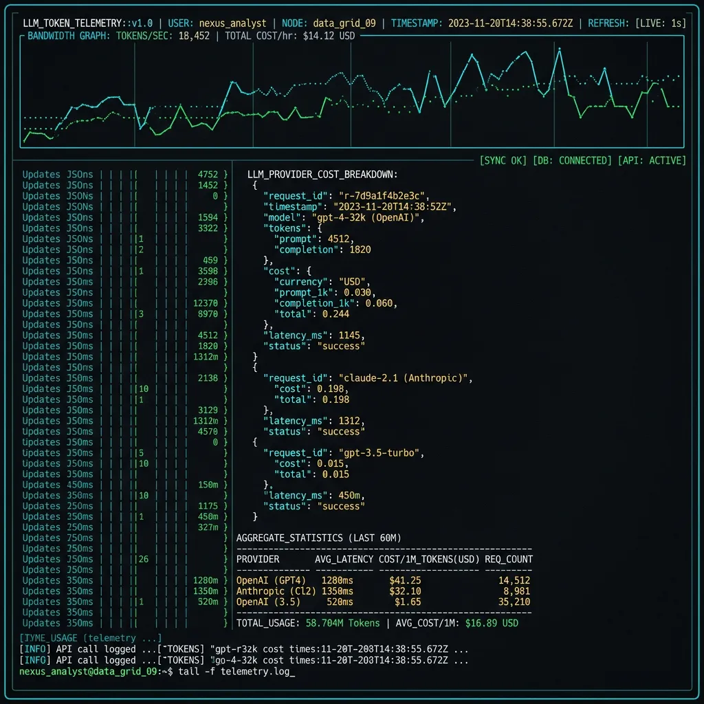 FinOps Transformation 2026 --" 2D Terminal mock showing live cost-per-token metrics for multiple LLM endpoints
