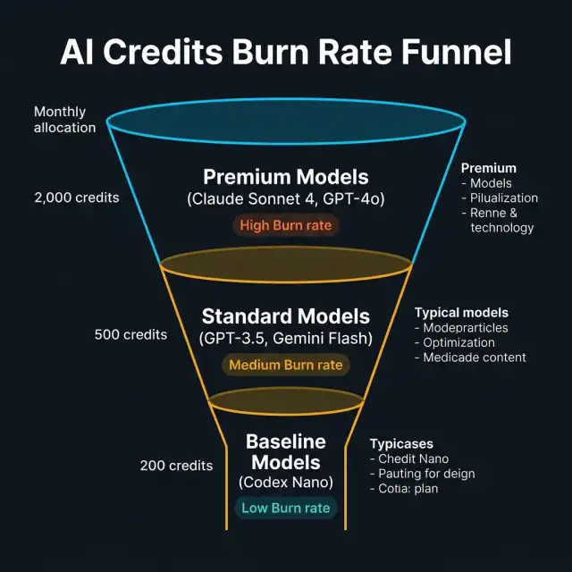 AI Credits Burn Rate Funnel — Model tiers and credit consumption