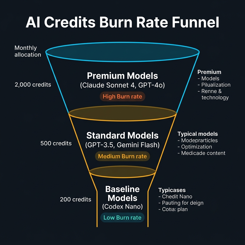 AI Credits Burn Rate Funnel — Model tiers and credit consumption