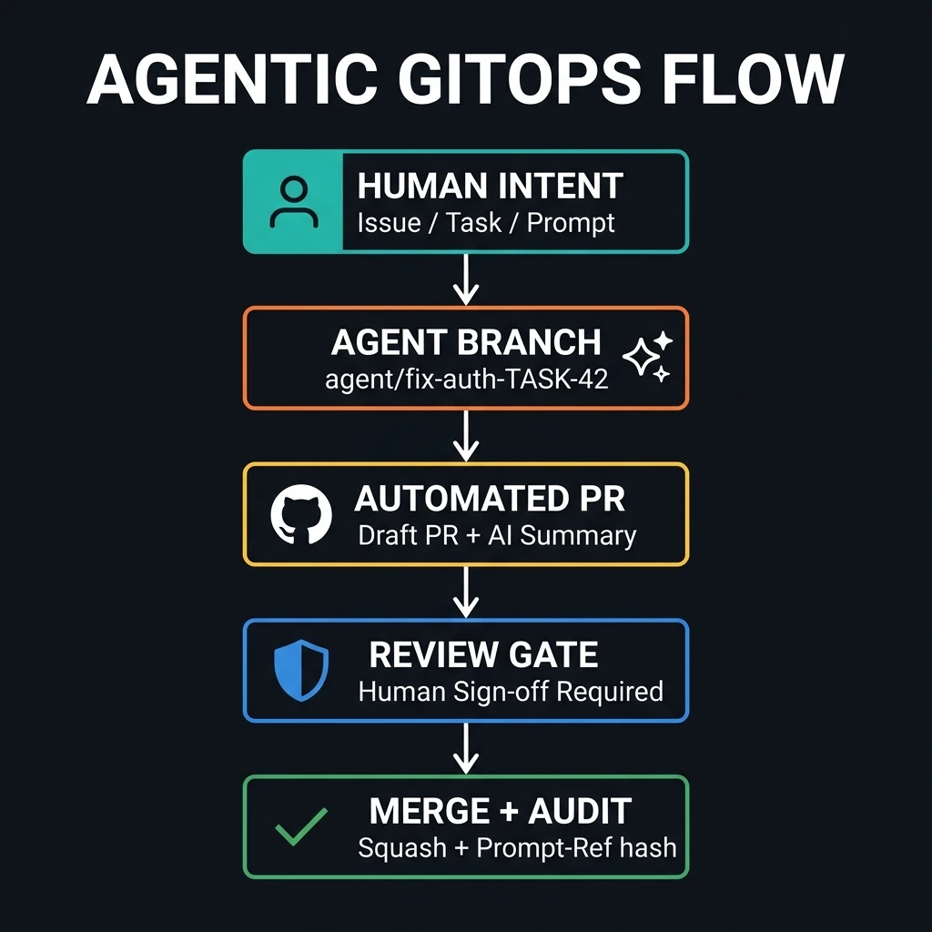 Agentic GitOps Flow — Human intent flows to agent branch, through automated PR, review gate, and merge with audit trail