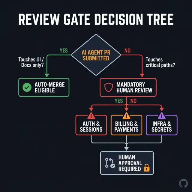 Review Gate Decision Tree - AI agent PR submitted, routed by risk surface to auto-merge eligible or mandatory human review paths