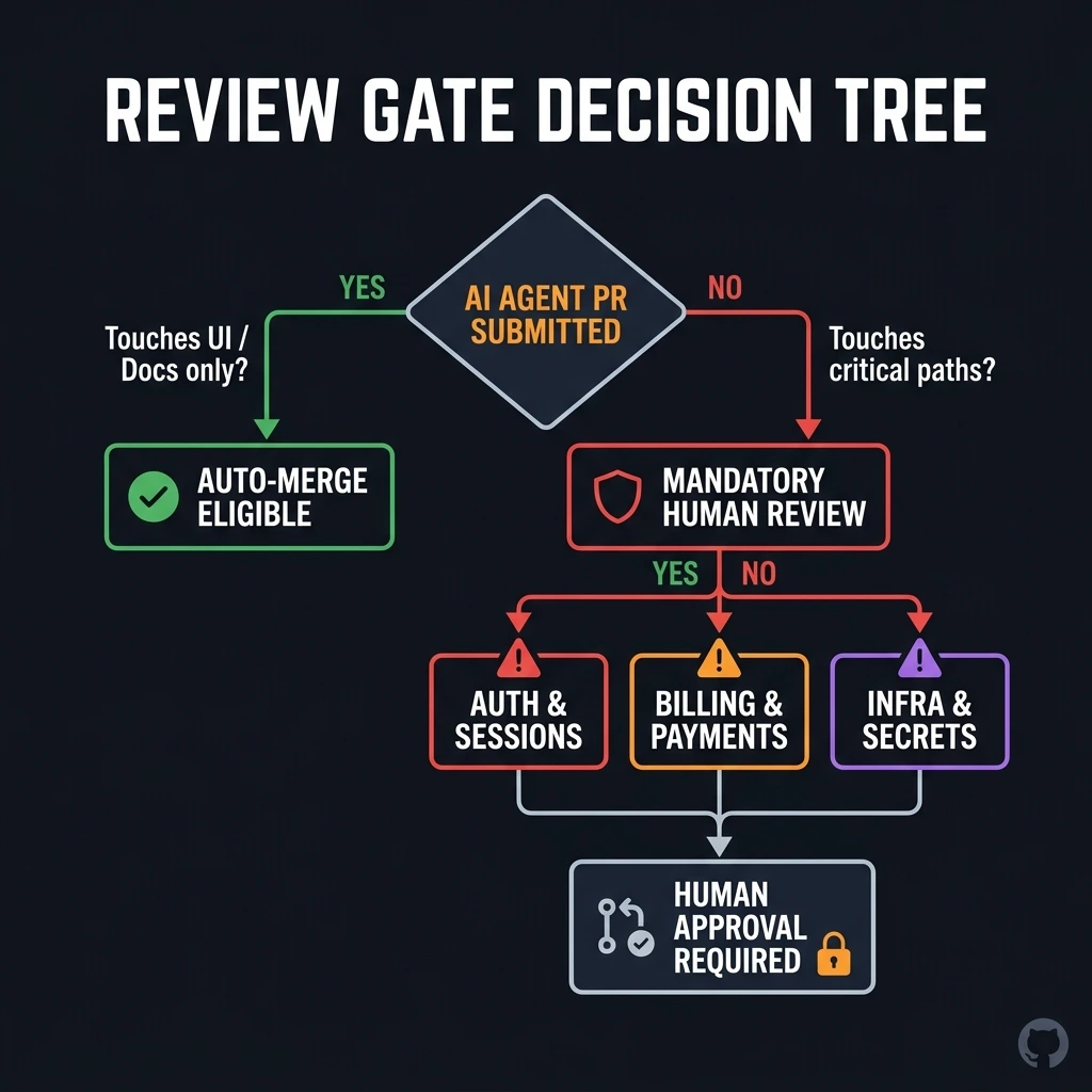 Review Gate Decision Tree — AI agent PR submitted, routed by risk surface to auto-merge eligible or mandatory human review paths