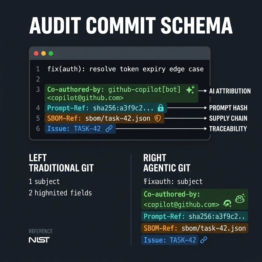 Audit Commit Schema — structured commit footer showing Co-authored-by, Prompt-Ref hash, SBOM-Ref, and Issue fields compared to traditional git commits