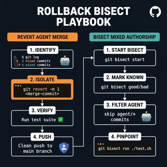 Rollback and Bisect Playbook - two parallel step-by-step guides for reverting agent merges and bisecting mixed authorship commit histories