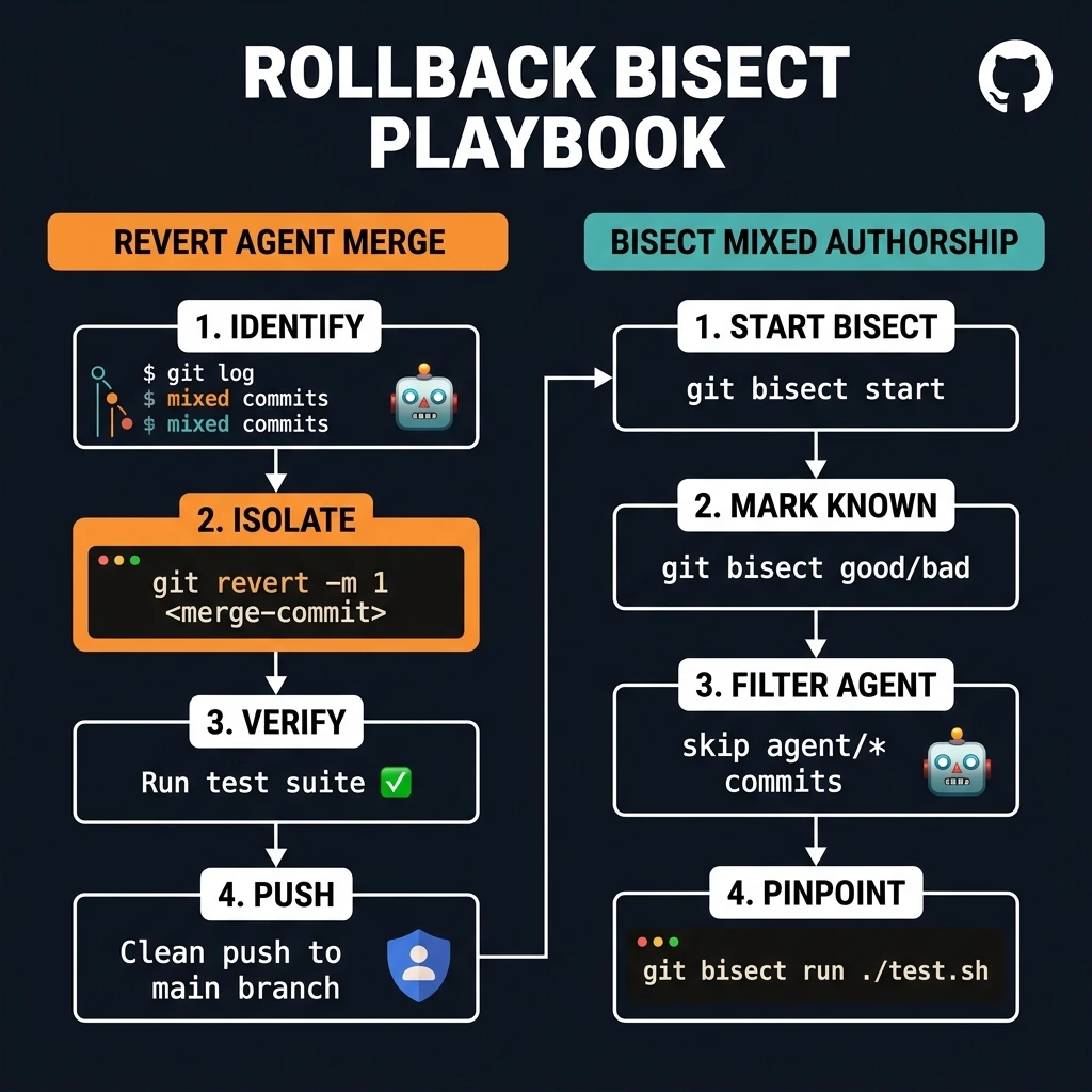 Rollback and Bisect Playbook — two parallel step-by-step guides for reverting agent merges and bisecting mixed authorship commit histories