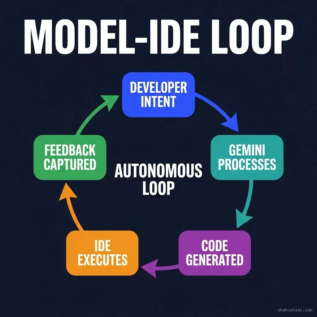 Google Antigravity IDE model-IDE interaction loop showing 5-node circular flow: Developer Intent → Gemini Processes → Code Generated → IDE Executes → Feedback Captured