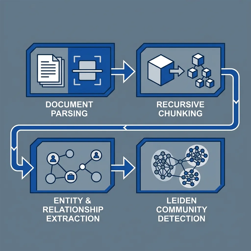 Industrial Process: The GraphRAG Ingestion Pipeline (Parsing -> Chunking -> Triple Extraction -> Community Detection)