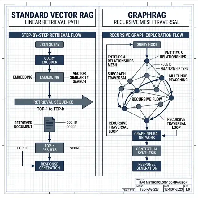 Technical Blueprint: Standard Vector RAG (Linear) vs. GraphRAG (Recursive Mesh Traversal)