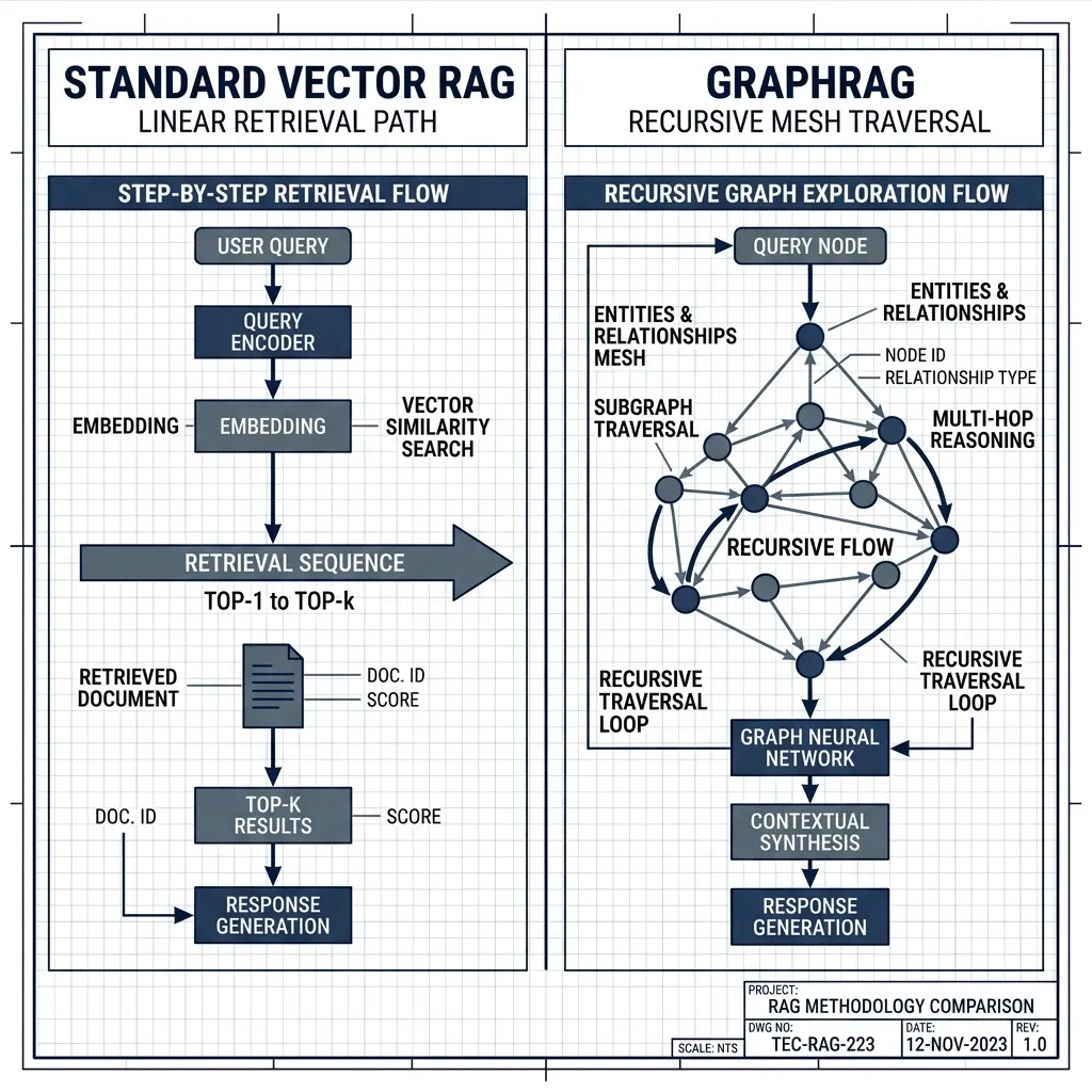 Technical Blueprint: Standard Vector RAG (Linear) vs. GraphRAG (Recursive Mesh Traversal)