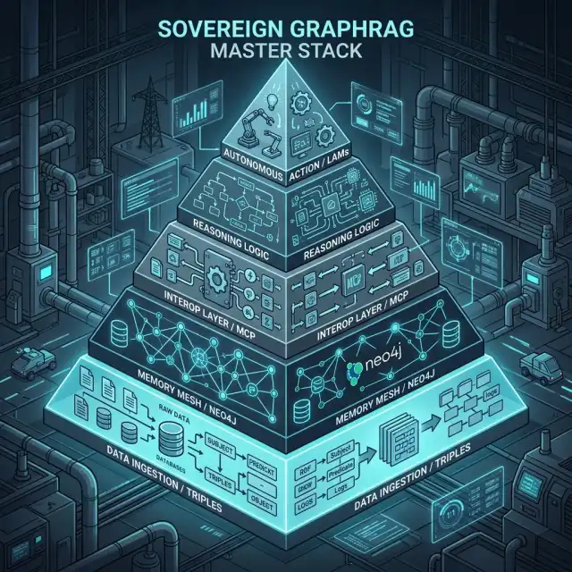 Industrial Infographic: The Sovereign GraphRAG Master Stack (Ingestion -> Memory -> Interop -> Reasoning -> Action)
