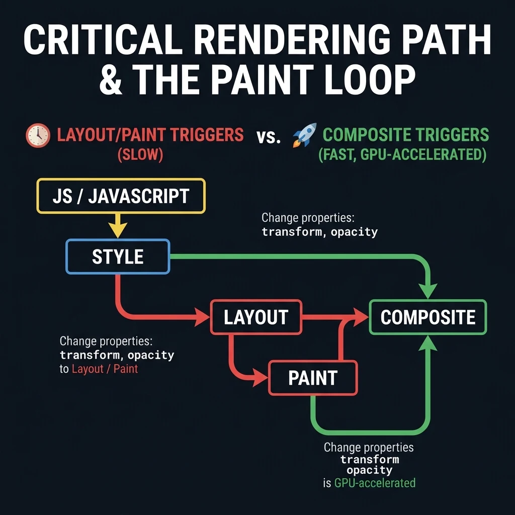 Critical Rendering Path showing JS, Style, Layout, Paint, and Composite stages, highlighting Layout and Paint reflow triggers