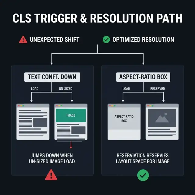 Flowchart illustrating CLS trigger when elements are inserted without layout reservations versus optimized spacing reserving content boundaries