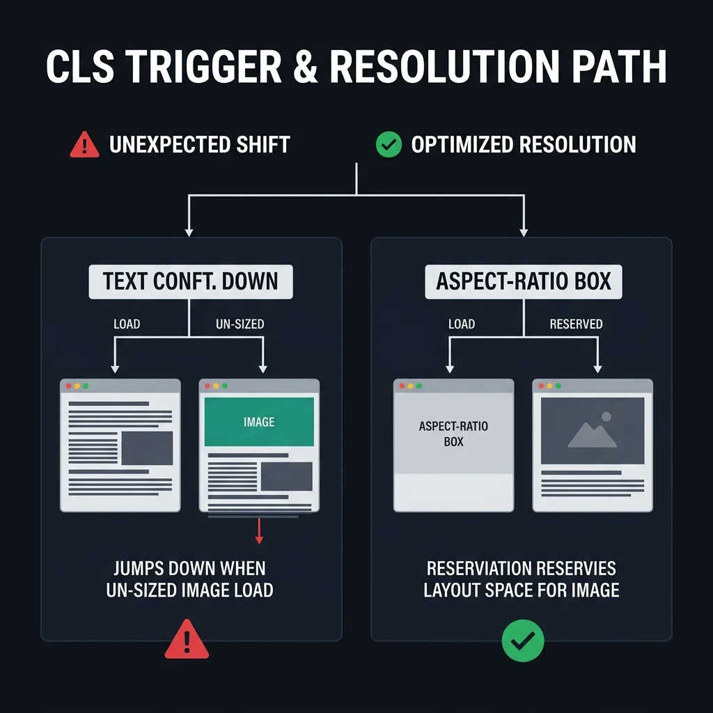 Flowchart illustrating CLS trigger when elements are inserted without layout reservations versus optimized spacing reserving content boundaries