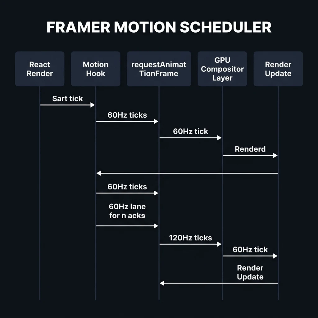 Sequence diagram illustrating Framer Motion's render thread timing loops and GPU scheduler integrations