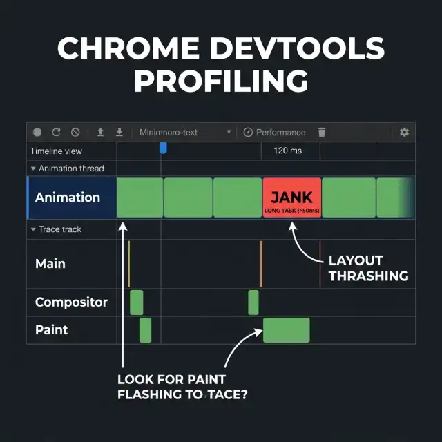 Chrome DevTools rendering audit view showing paint flashing highlights, layer borders, and performance panel timeline metrics