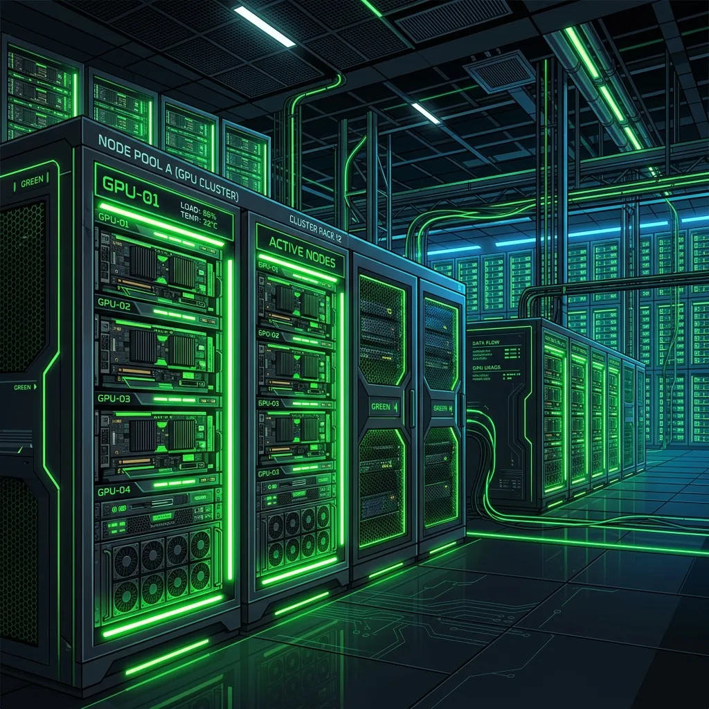 Modern data center server rack glowing with green LED lights representing GPU node pools