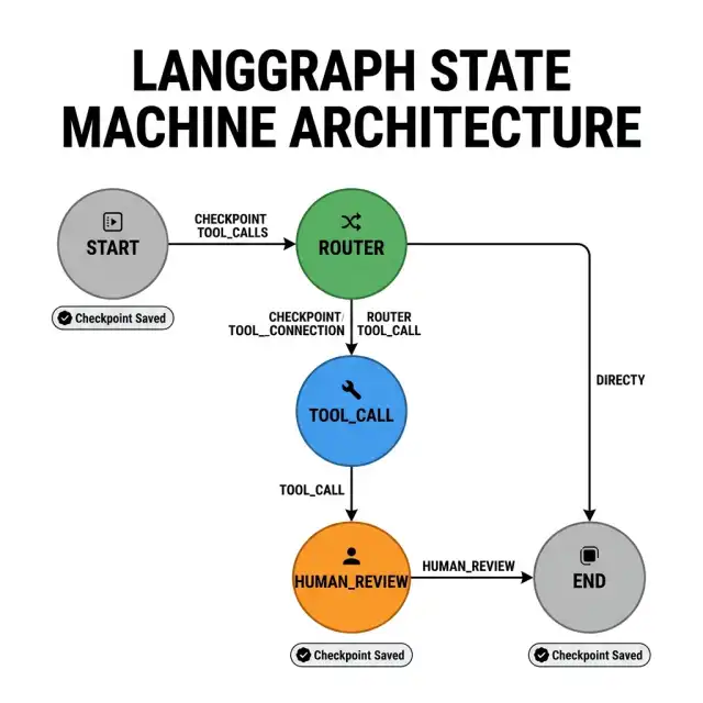 LangGraph state machine architecture — directed graph showing START, ROUTER, TOOL_CALL, HUMAN_REVIEW, and END nodes with labeled conditional edges and checkpoint badges at each state transition