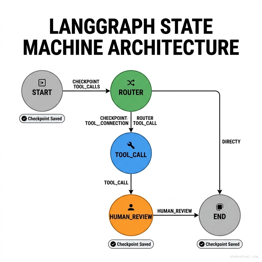 LangGraph state machine architecture — directed graph showing START, ROUTER, TOOL_CALL, HUMAN_REVIEW, and END nodes with labeled conditional edges and checkpoint badges at each state transition