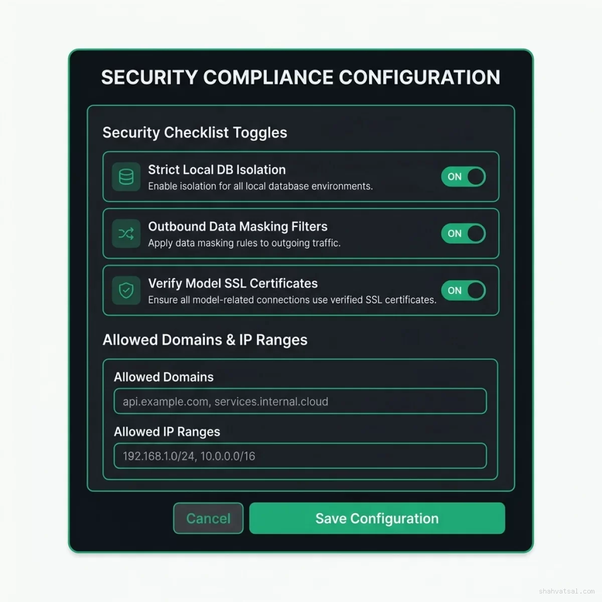 Security Compliance Configuration Panel Mockup