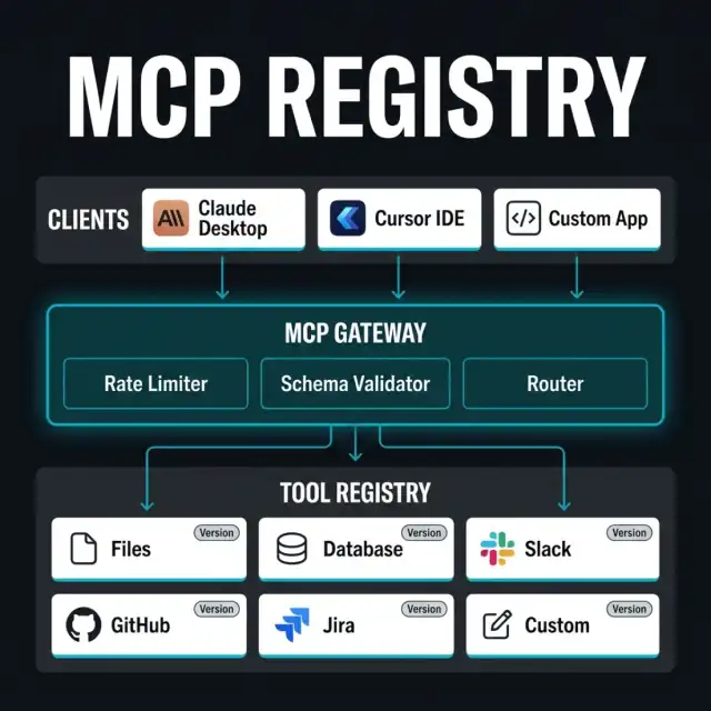 MCP Enterprise Registry Architecture — Three-tier control plane showing Claude Desktop/Cursor clients at top, MCP Gateway in center with rate limiting and schema validation, and tool registry at bottom with versioned server catalog
