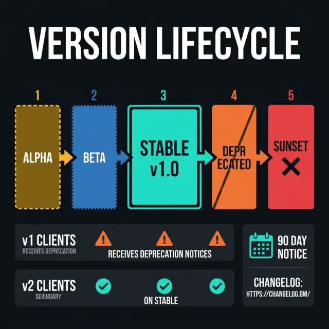 MCP Version Lifecycle — Horizontal timeline showing tool server lifecycle stages from Alpha through Beta, Stable, Deprecated, and Sunset with client traffic flow and deprecation notice timing