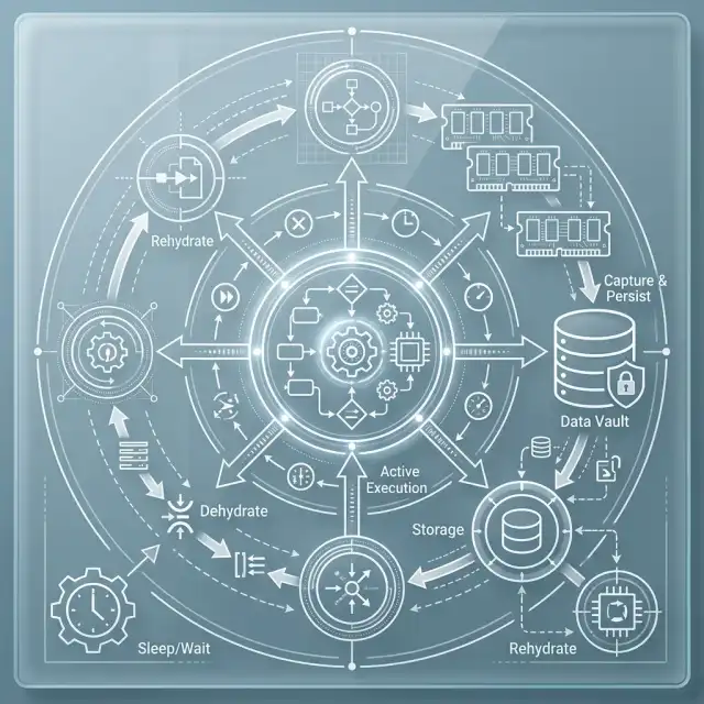 Multi-Agent Orchestration 2026 --" 2D Technical diagram showing the lifecycle of a durable agent task surviving a system restart