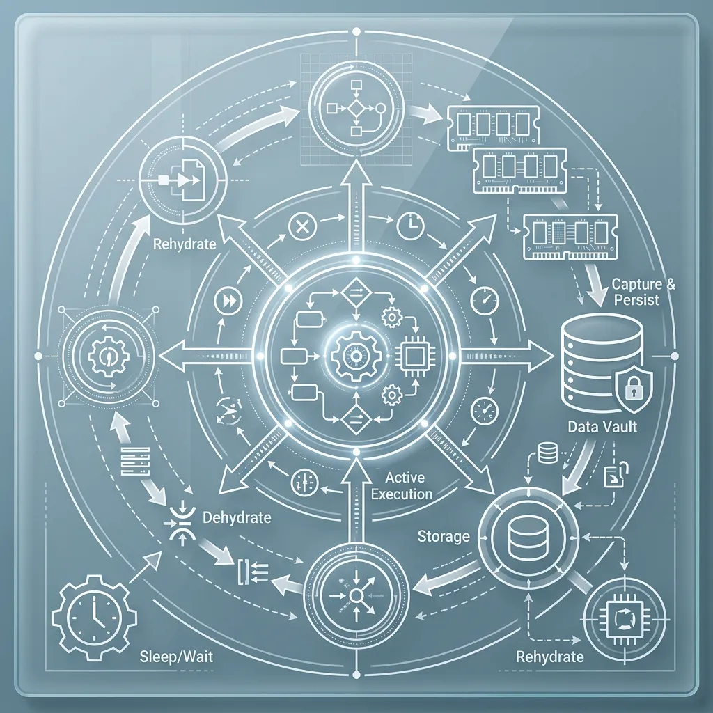Multi-Agent Orchestration 2026 --" 2D Technical diagram showing the lifecycle of a durable agent task surviving a system restart