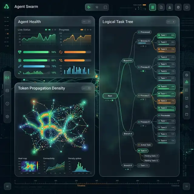 Multi-Agent Orchestration 2026 --" 2D Industrial UI mock showing the command center for an active Agent Swarm