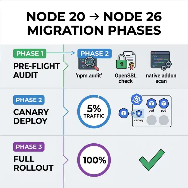 Node 20 to Node 26 migration phases — three-phase diagram showing Pre-Flight Audit, Canary Deploy, and Full Rollout with detailed checklist items for each phase