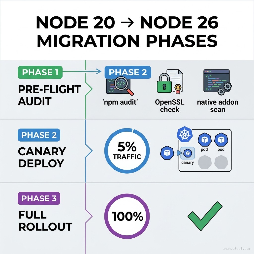 Node 20 to Node 26 migration phases — three-phase diagram showing Pre-Flight Audit, Canary Deploy, and Full Rollout with detailed checklist items for each phase