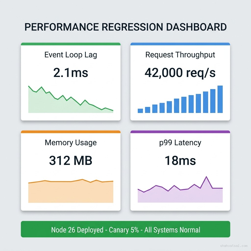 Performance regression detection dashboard — four metric panels showing Event Loop Lag at 2.1ms, Request Throughput at 42,000 req/s, Memory Usage at 312MB, and p99 Latency at 18ms with Node 26 canary at 5% traffic