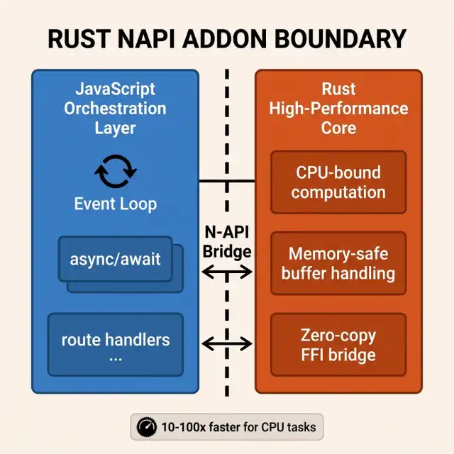Rust N-API addon boundary diagram — two-zone architecture showing JavaScript orchestration layer on the left and Rust high-performance core on the right, connected by the N-API bridge