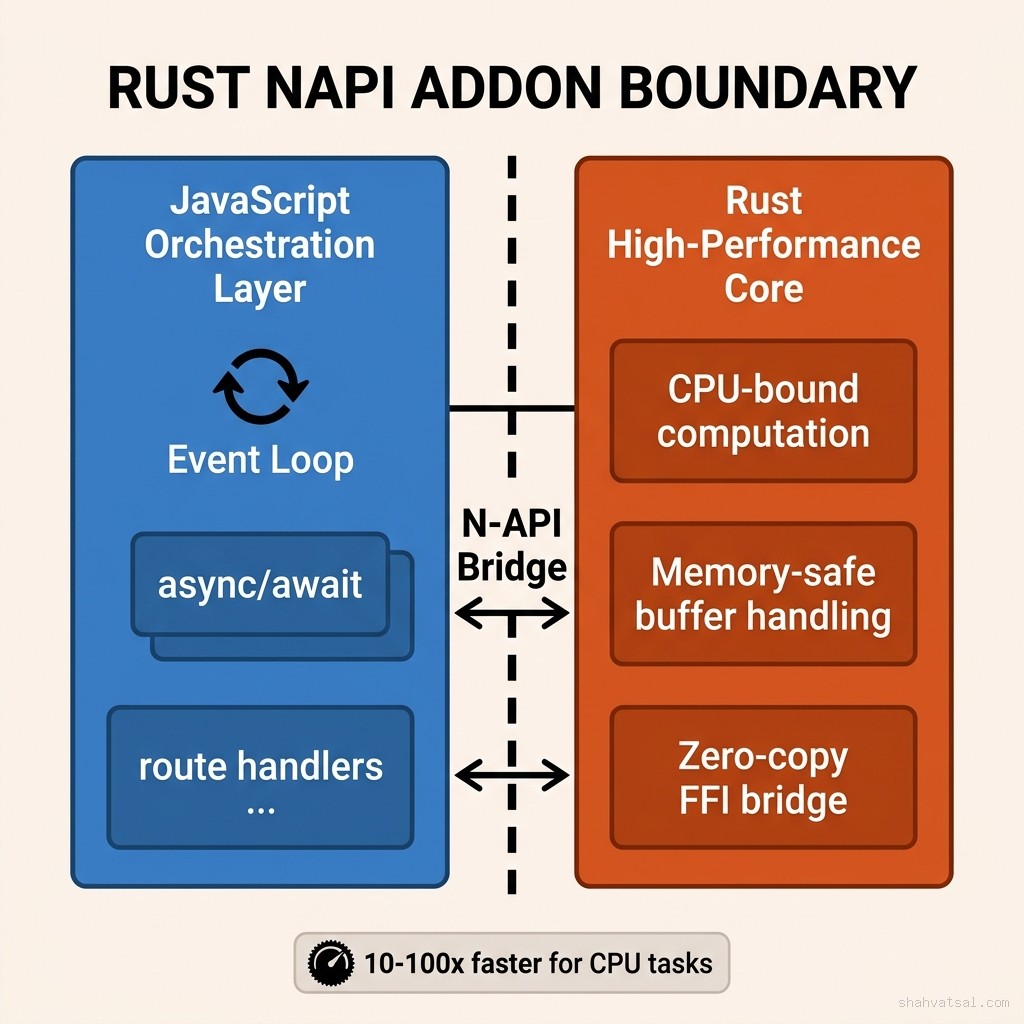 Rust N-API addon boundary diagram — two-zone architecture showing JavaScript orchestration layer on the left and Rust high-performance core on the right, connected by the N-API bridge