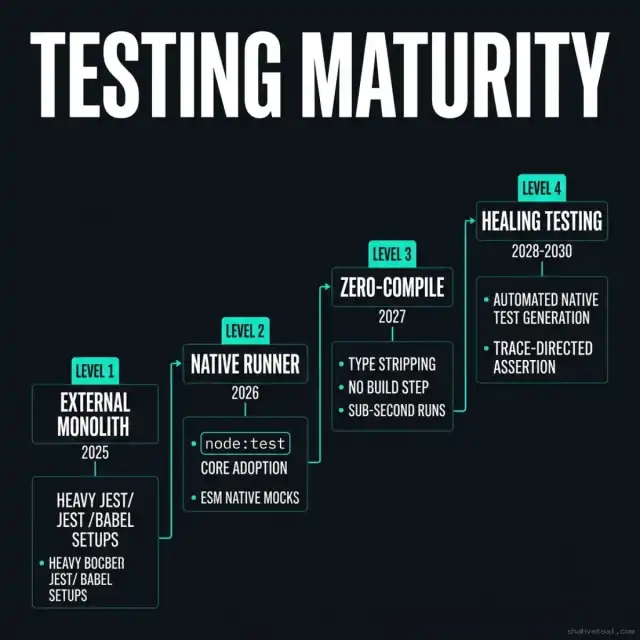 Testing Maturity Model — 4-stage progression timeline showing transition to zero-dependency and self-healing test runtimes
