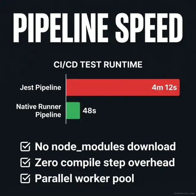 CI/CD Execution Speeds — Bar chart comparing Jest runtime (4m 12s) vs Native Runner runtime (48s), demonstrating 5.2x faster pipelines