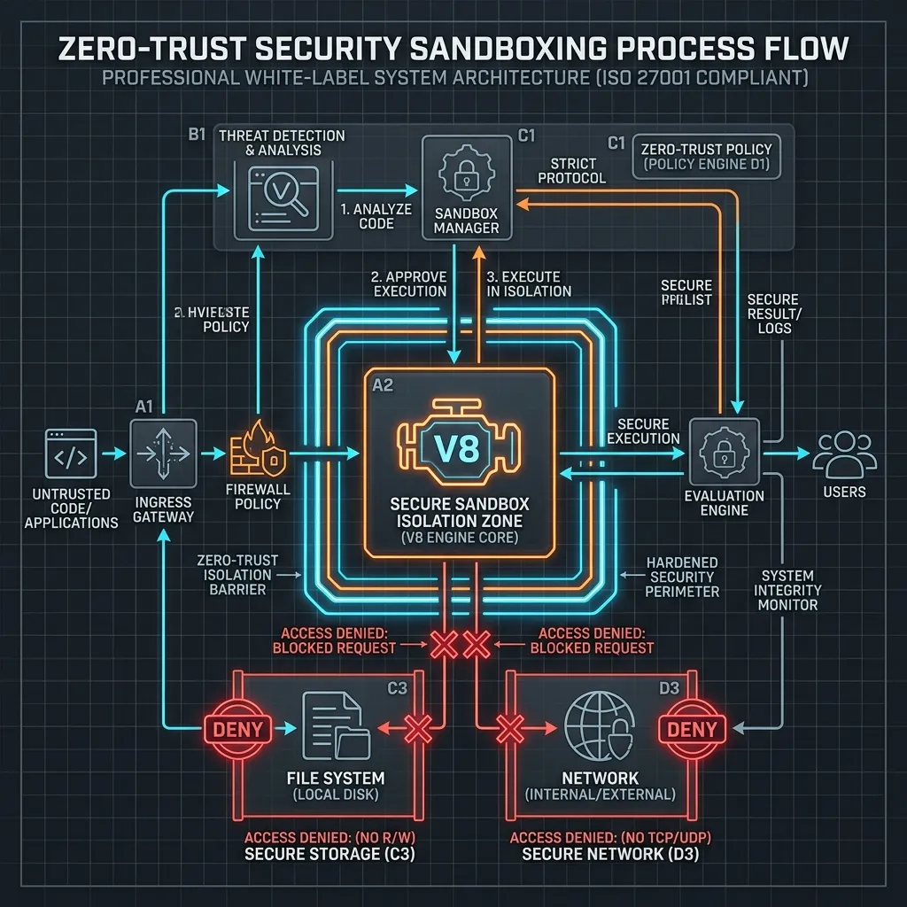 Node.js vs Deno Bun 2026 --" Process map blueprint showing Deno's Zero Trust Sandboxing isolating V8