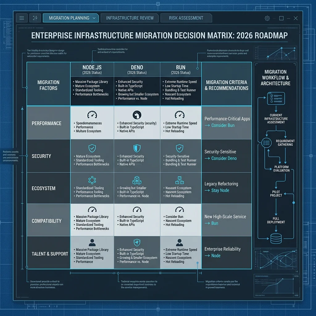 Node.js vs Deno Bun 2026 --" 2D Flowchart mapping the enterprise runtime migration strategy