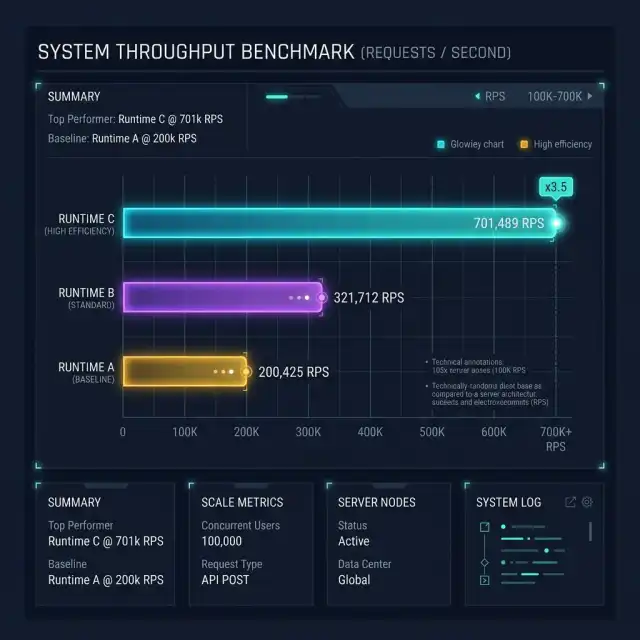 Node.js vs Deno Bun 2026 --" 2D Industrial UI throughput chart representing Bun's 3.5x dominance