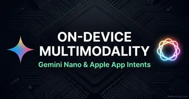 On-Device AI Banner — Schematic showing local mobile chip processing offline sensor inputs (images, audio, text) without cloud calls