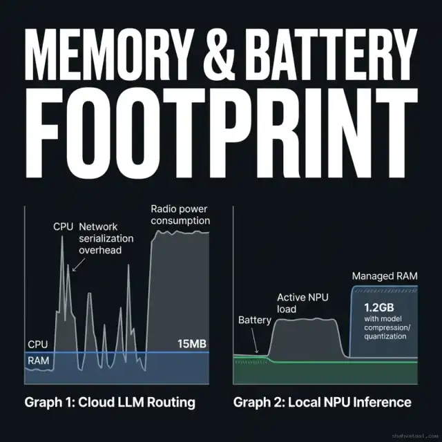 Resource Footprints — Performance charts comparing Cloud API routing profiles vs. Local NPU execution battery and RAM bounds