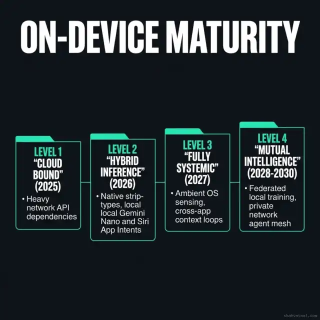 On-Device AI Maturity — Horizontal timeline charting the roadmap from Level 1 Cloud API models through Level 4 ambient cooperative meshes