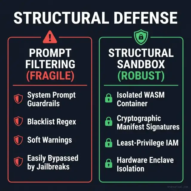 Structural Sandbox vs Prompt Filtering Comparison Diagram