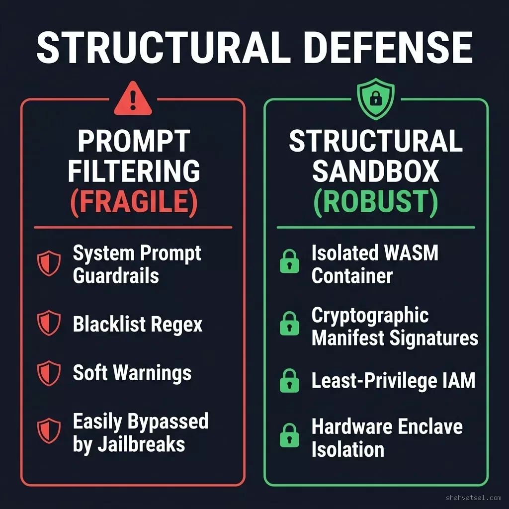 Structural Sandbox vs Prompt Filtering Comparison Diagram