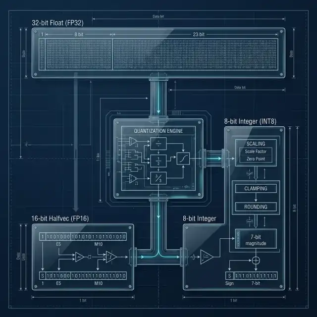 PGVector Scaling 2026 --" 2D Technical diagram showing the quantization pipeline: from 32-bit Float to 16-bit halfvec and 8-bit Integer